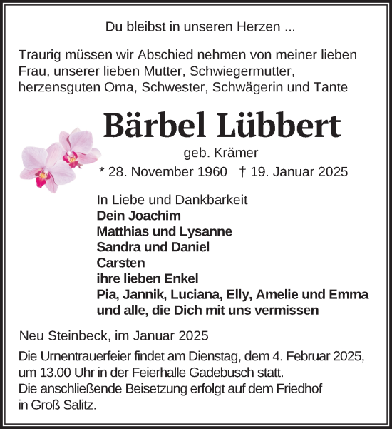 Traueranzeige von Bärbel Lübbert von Gadebusch - Rehnaer Zeitung