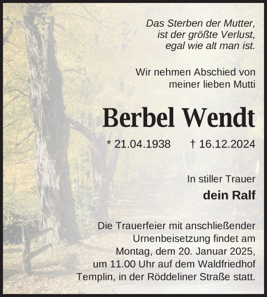 Traueranzeige von Berbel Wendt von Uckermark Kurier Templiner Zeitung