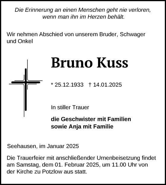 Traueranzeige von Bruno Kuss von Uckermark Kurier Prenzlauer Zeitung