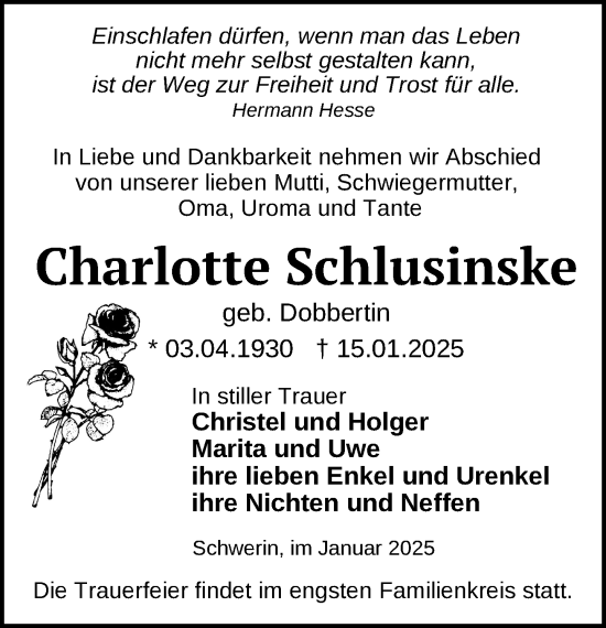 Traueranzeige von Charlotte Schlusinske von Zeitung für die Landeshauptstadt