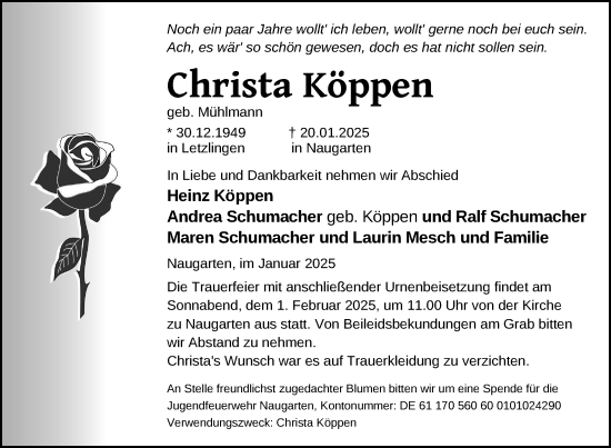 Traueranzeige von Christa Köppen von Uckermark Kurier Prenzlauer Zeitung