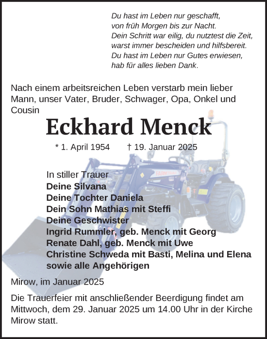 Traueranzeige von Eckhard Menck von Zeitung für die Landeshauptstadt