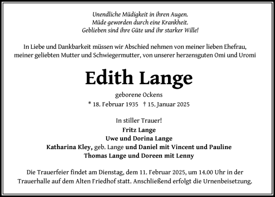 Traueranzeige von Edith Lange von Zeitung für die Landeshauptstadt