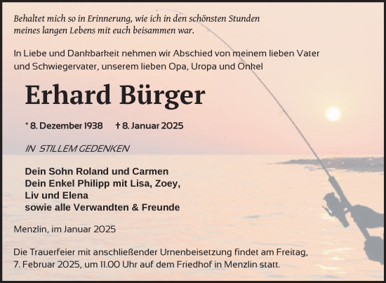 Traueranzeige von Erhard Bürger von Nordkurier Vorpommern Kurier