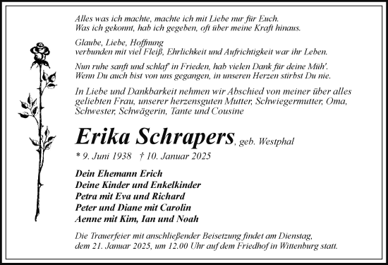 Traueranzeige von Erika Schrapers von Hagenower Kreisblatt