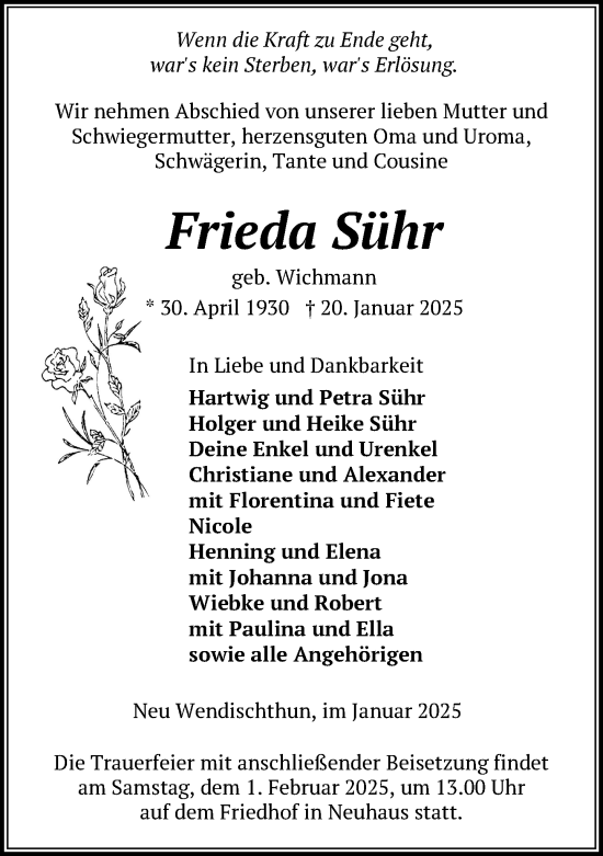 Traueranzeige von Frieda Sühr von Hagenower Kreisblatt