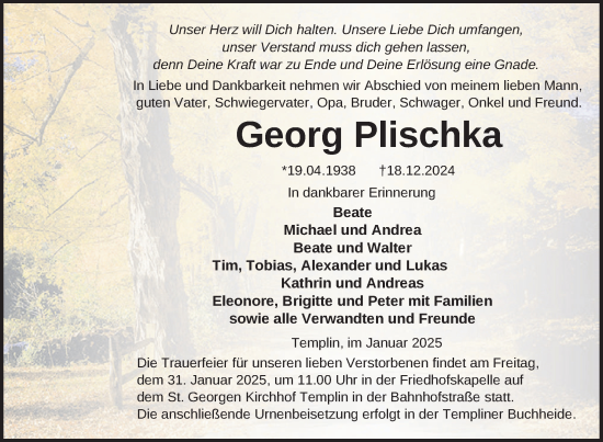 Traueranzeige von Georg Plischka von Uckermark Kurier Templiner Zeitung