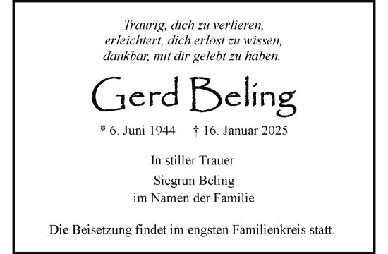 Traueranzeige von Gerd Beling von Norddeutsche Neueste Nachrichten