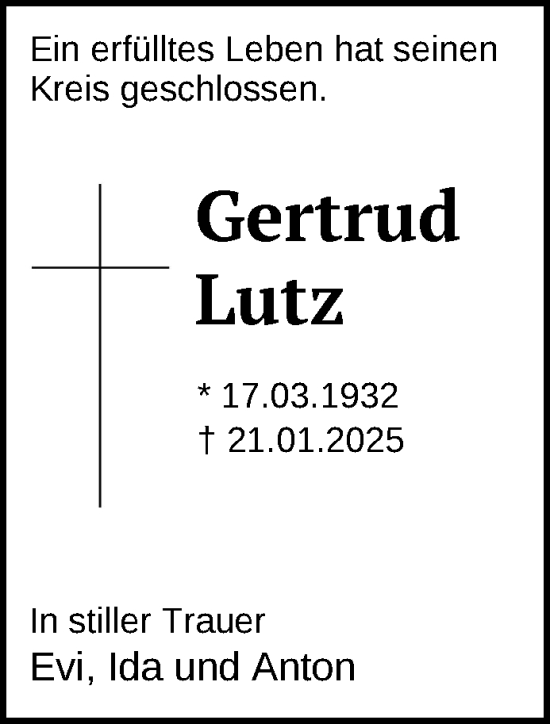 Traueranzeige von Gertrud Lutz von Hagenower Kreisblatt