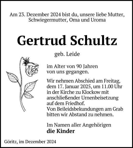 Traueranzeige von Gertrud Schultz von Uckermark Kurier Prenzlauer Zeitung