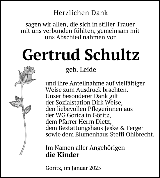 Traueranzeige von Gertrud Schultz von Uckermark Kurier Prenzlauer Zeitung