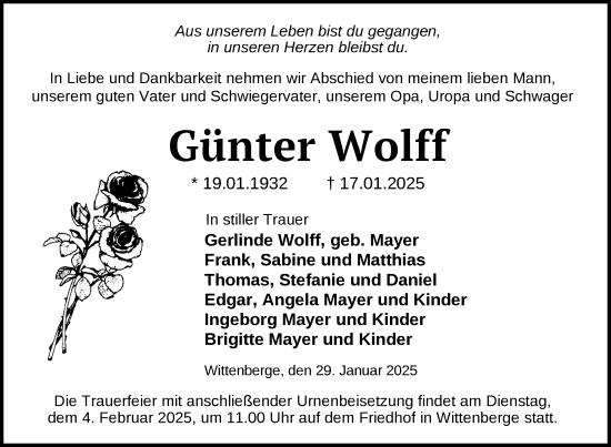 Traueranzeige von Günter Wolff von Der Prignitzer