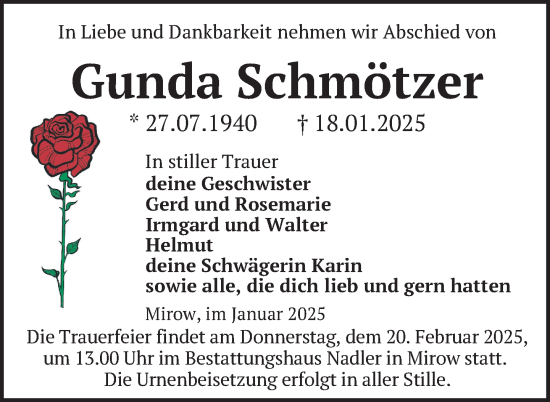 Traueranzeige von Gunda Schmötzer von Nordkurier Strelitzer Zeitung