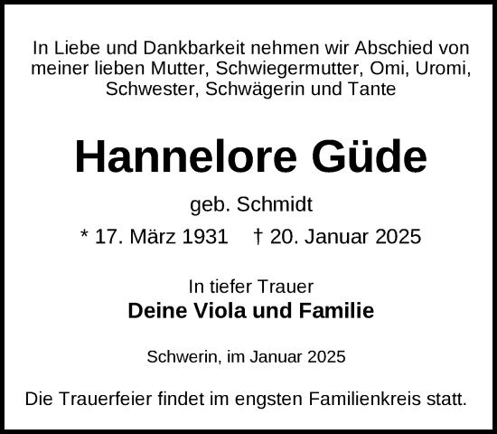 Traueranzeige von Hannelore Güde von Zeitung für die Landeshauptstadt