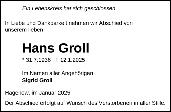 Traueranzeige von Hans Groll von Hagenower Kreisblatt