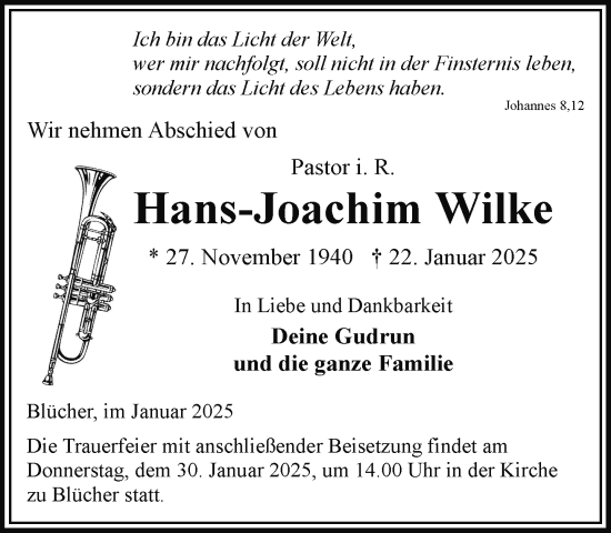 Traueranzeige von Hans-Joachim Wilke von Hagenower Kreisblatt