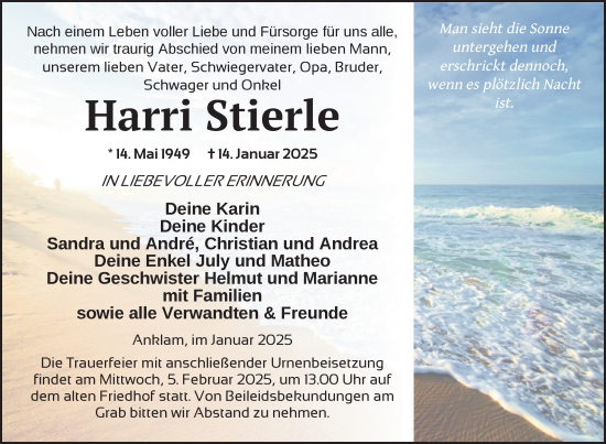 Traueranzeige von Harri Stierle von Nordkurier Vorpommern Kurier