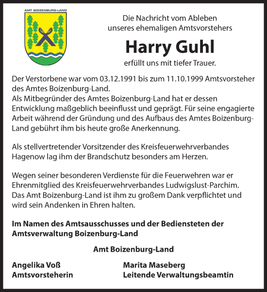 Traueranzeige von Harry Guhl von Hagenower Kreisblatt