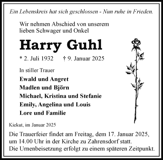 Traueranzeige von Harry Guhl von Hagenower Kreisblatt