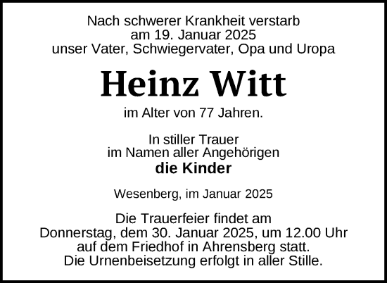 Traueranzeige von Heinz Witt von Nordkurier Strelitzer Zeitung