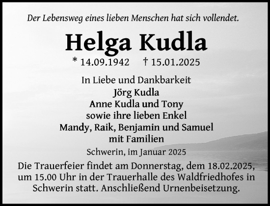 Traueranzeige von Helga Kudla von Zeitung für die Landeshauptstadt