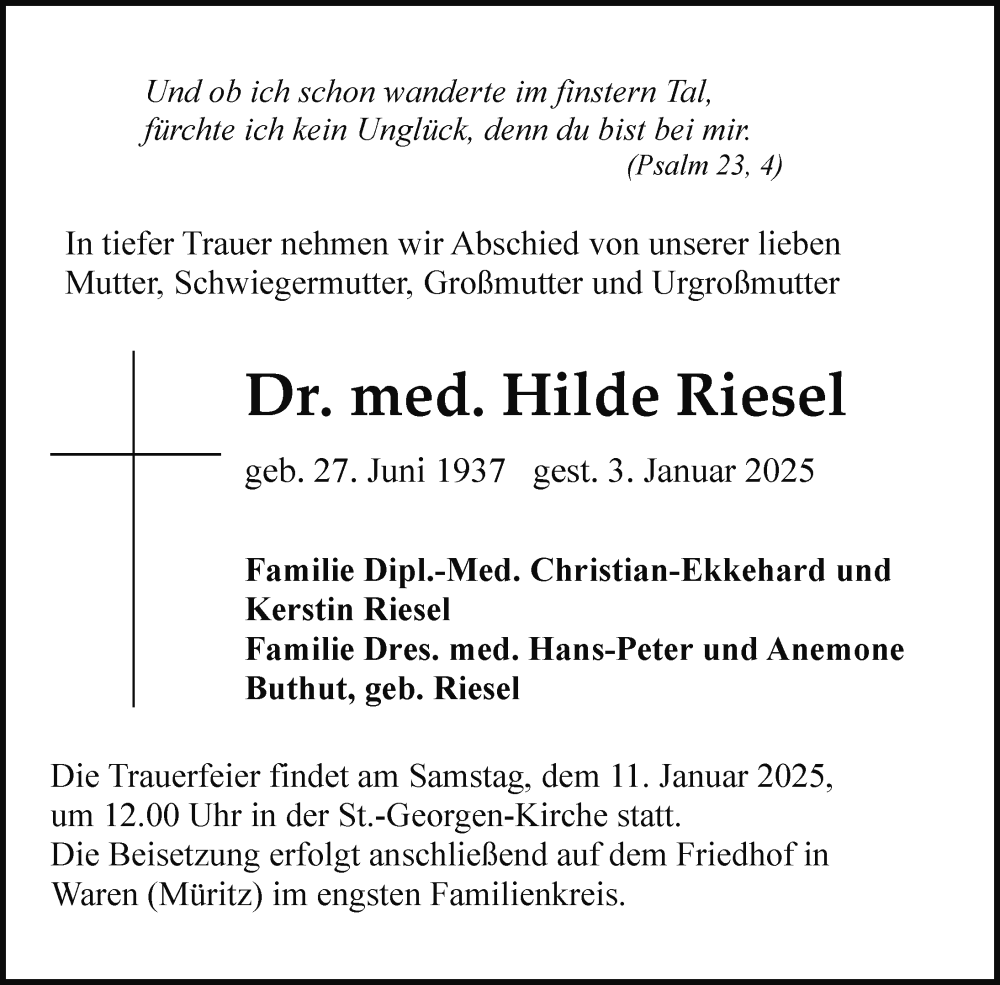  Traueranzeige für Hilde Riesel vom 07.01.2025 aus Nordkurier Müritz-Zeitung