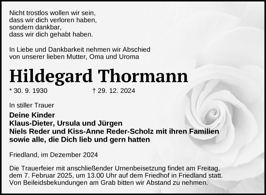 Traueranzeige von Hildegard Thormann von Nordkurier Neubrandenburger Zeitung