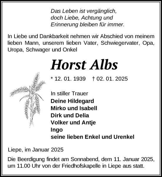 Traueranzeige von Horst Albs von Ludwigsluster Tageblatt