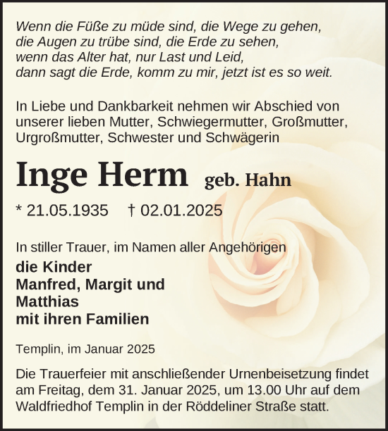 Traueranzeige von Inge Herm von Uckermark Kurier Templiner Zeitung