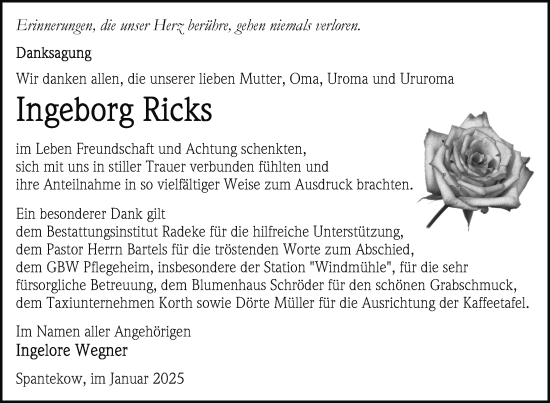 Traueranzeige von Ingeborg Ricks von Nordkurier Vorpommern Kurier