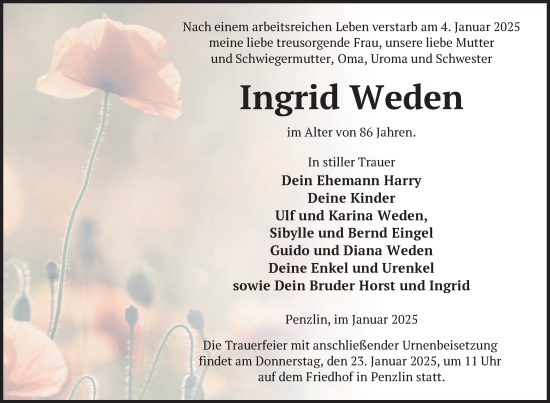 Traueranzeige von Ingrid Weden von Nordkurier Müritz-Zeitung