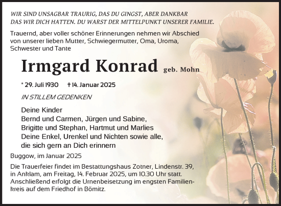 Traueranzeige von Irmgard Konrad von Nordkurier Vorpommern Kurier