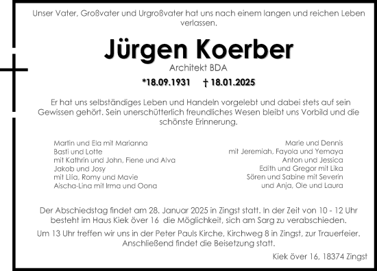 Traueranzeige von Jürgen Koerber von Norddeutsche Neueste Nachrichten