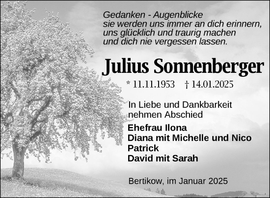 Traueranzeige von Julius Sonnenberger von Uckermark Kurier Prenzlauer Zeitung