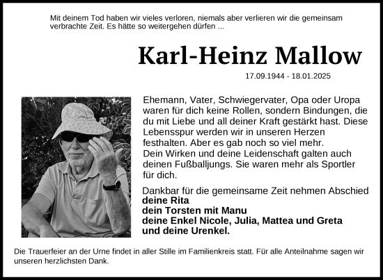 Traueranzeige von Karl-Heinz Mallow von Nordkurier Müritz-Zeitung