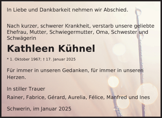 Traueranzeige von Kathleen Kühnel von Zeitung für die Landeshauptstadt