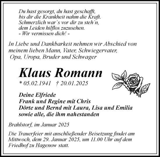 Traueranzeige von Klaus Romann von Hagenower Kreisblatt