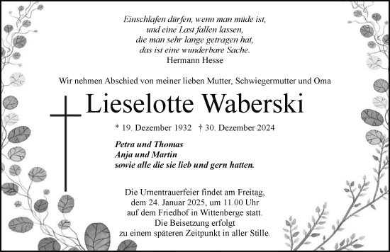 Traueranzeige von Lieselotte Waberski von Der Prignitzer