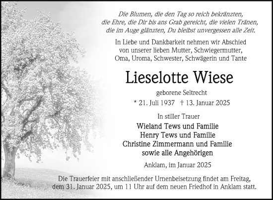 Traueranzeige von Lieselotte Wiese von Nordkurier Vorpommern Kurier