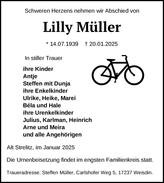 Traueranzeige von Lilly Müller von Nordkurier Strelitzer Zeitung