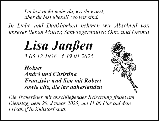 Traueranzeige von Lisa Janßen von Hagenower Kreisblatt