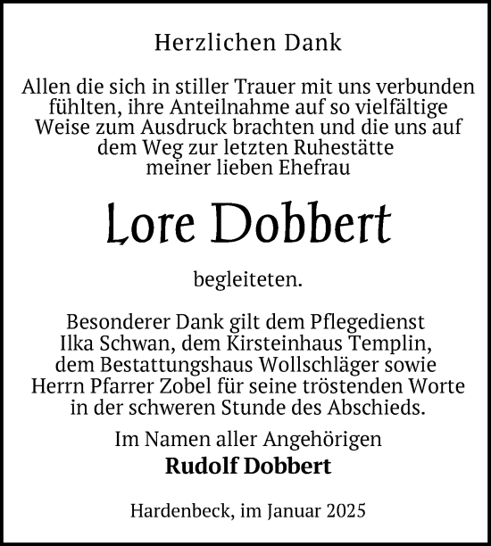 Traueranzeige von Lore Dobbert von Uckermark Kurier Templiner Zeitung