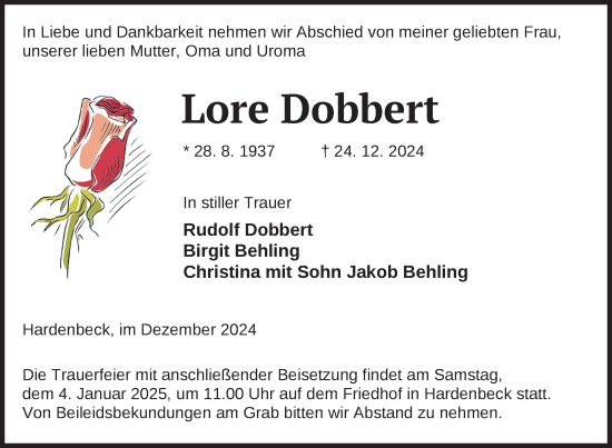 Traueranzeige von Lore Dobbert von Uckermark Kurier Templiner Zeitung