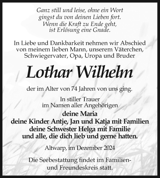Traueranzeige von Lothar Wilhelm von Nordkurier Haff-Zeitung