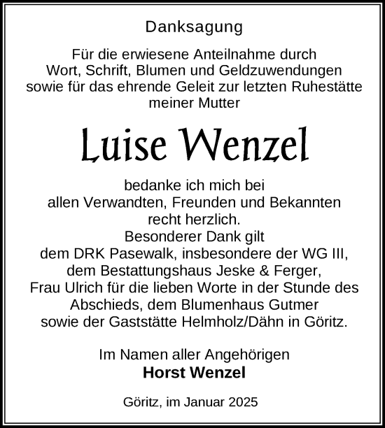 Traueranzeige von Luise Wenzel von Uckermark Kurier Prenzlauer Zeitung