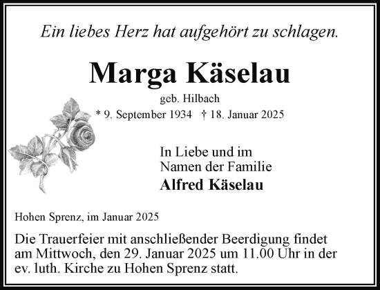 Traueranzeige von Marga Käselau von Güstrow und Bützow