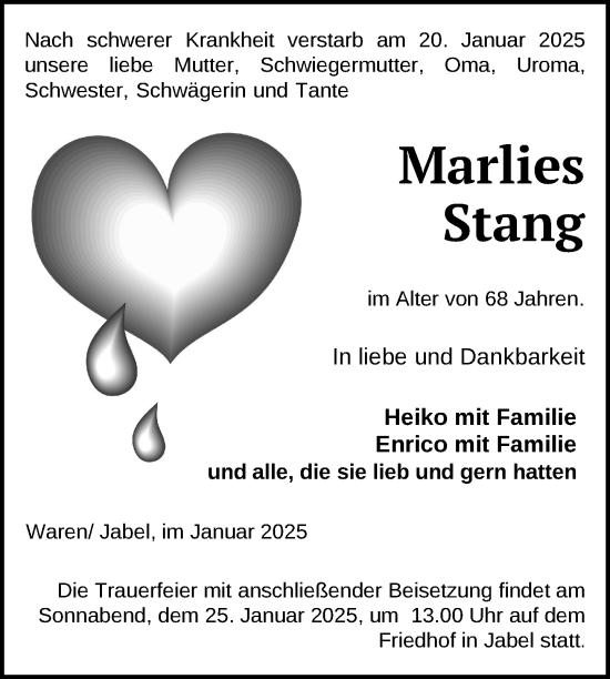 Traueranzeige von Marlies Stang von Nordkurier Müritz-Zeitung