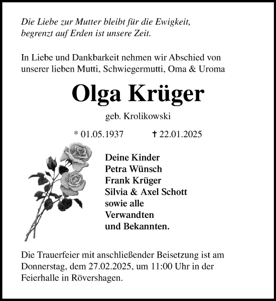 Traueranzeige von Olga Krüger von Norddeutsche Neueste Nachrichten