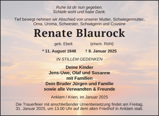 Traueranzeige von Renate Blaurock von Nordkurier Vorpommern Kurier