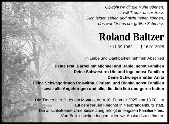 Traueranzeige von Roland Baltzer von Nordkurier Mecklenburger Schweiz